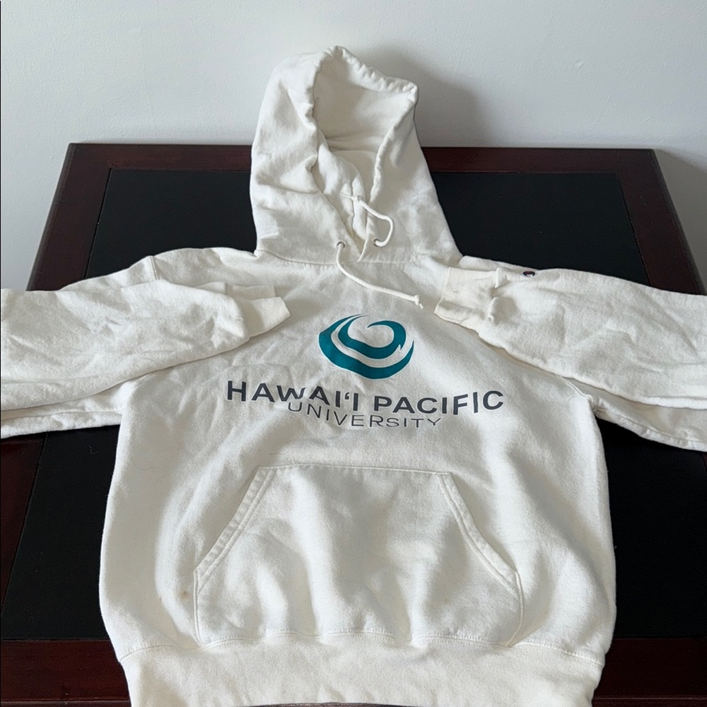 Champion White Hoodie with Blue and Green Logo